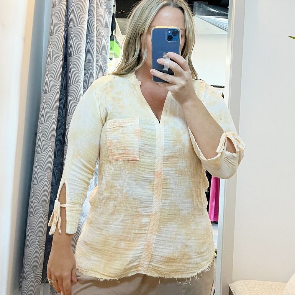 Stark 100% Cotton Tie Dye 3/4 Sleeve V-Neck Tunic Top Orange Yellow XS